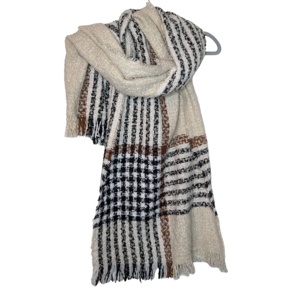 Unisex Soft Cream Fringe Striped Scarf